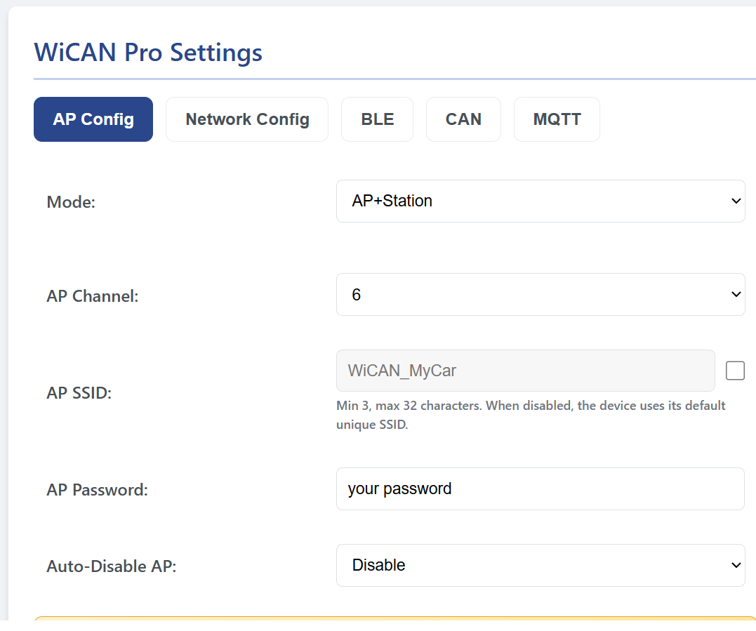 WiCAN Pro AP Settings