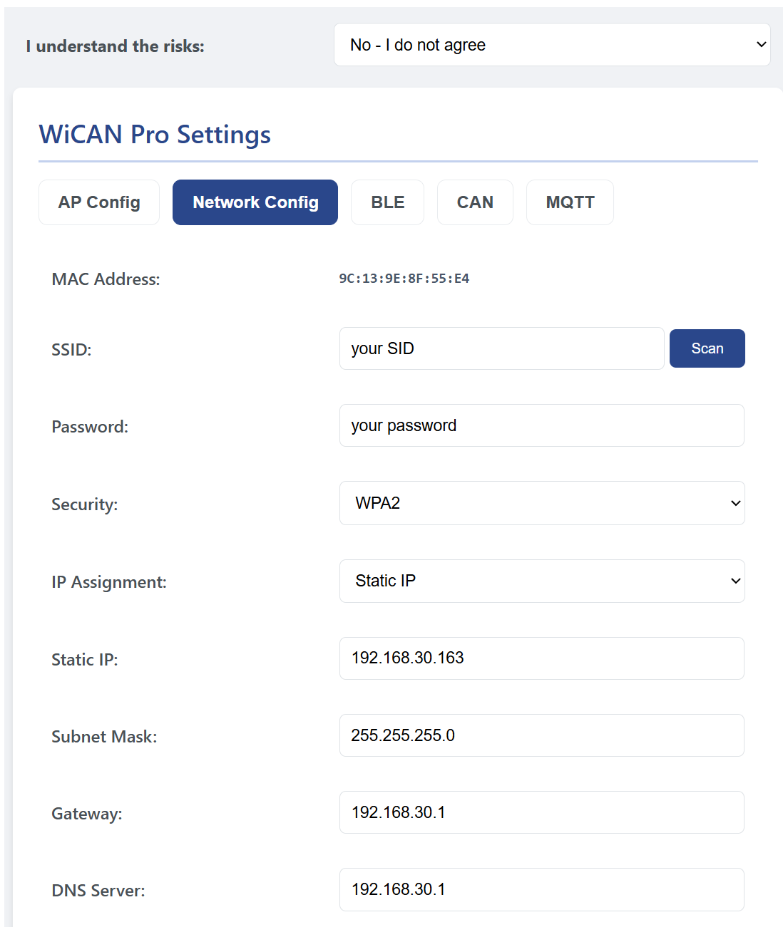 WiCAN Pro Network Settings