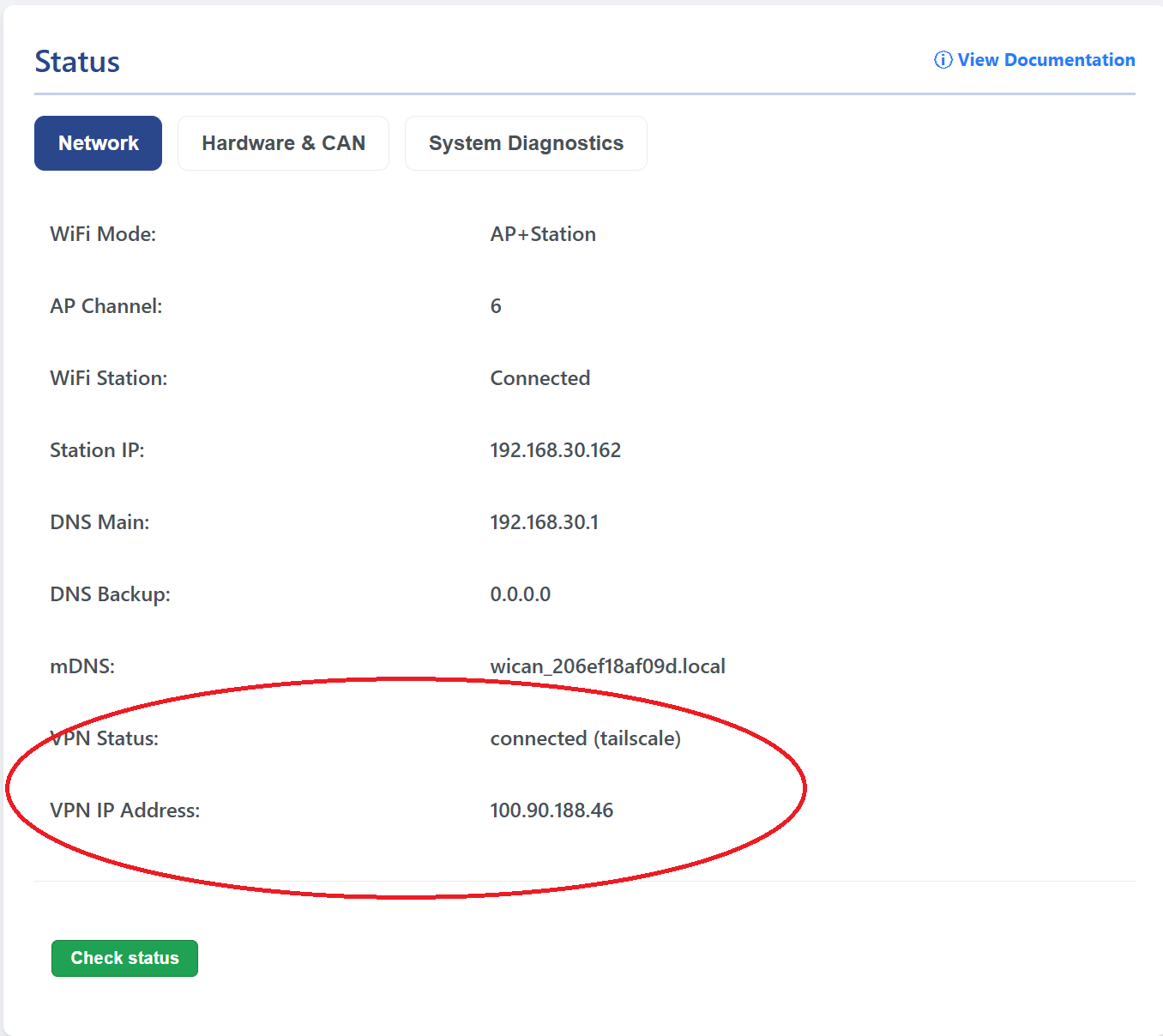Status Page - Network tab